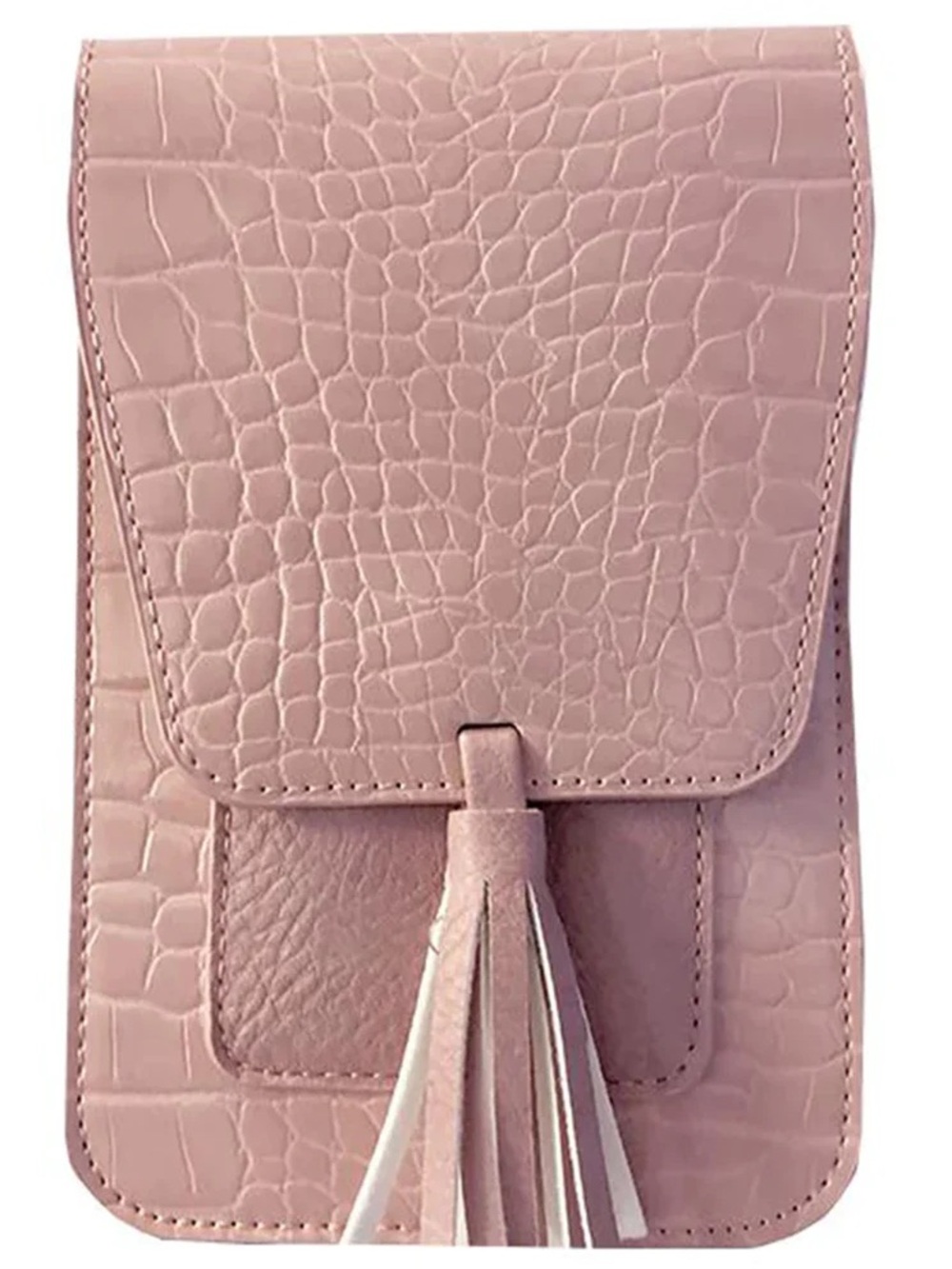 Pink Croc-Embossed Tassel Crossbody Phone Pouch